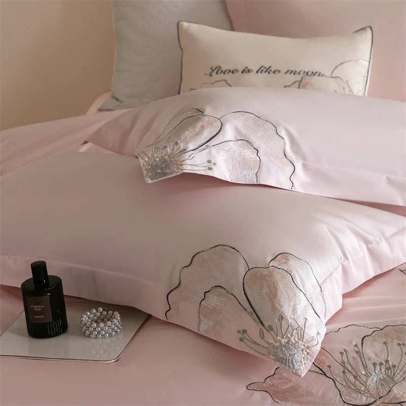 Pink Elegant Flowers Embroidery 100% Cotton Luxury Bedding Set