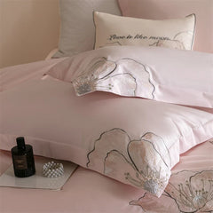 Pink Elegant Flowers Embroidery 100% Cotton Luxury Bedding Set