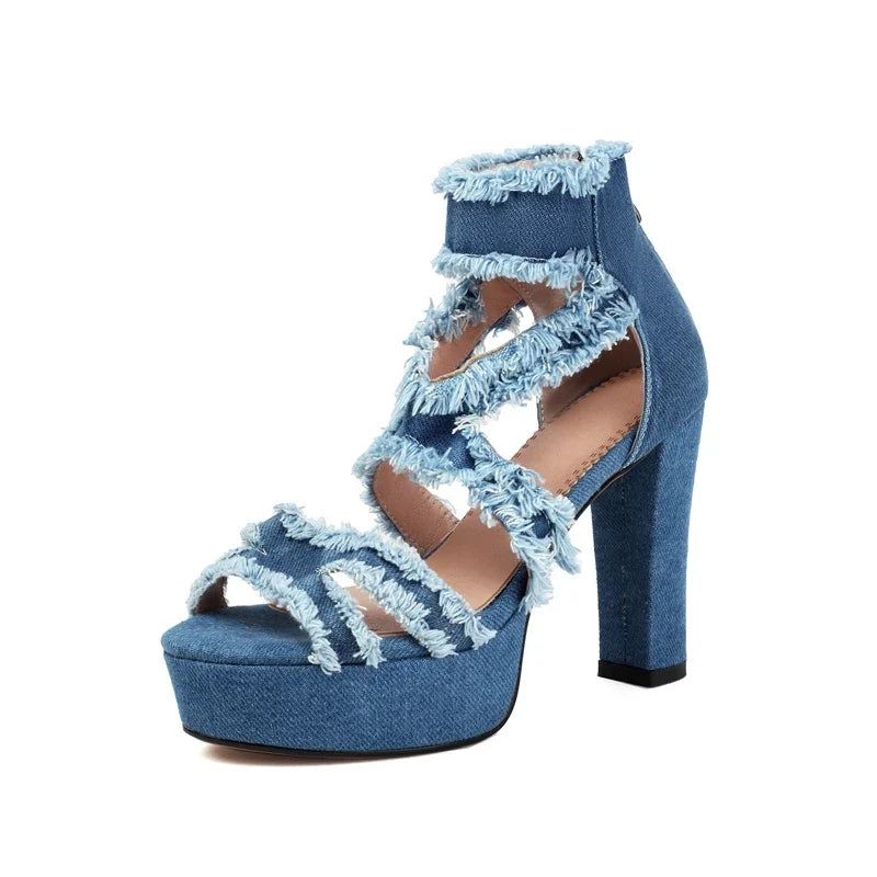 Waterproof Platform Thick Sole Open Toe Denim Back Zipper High Heel