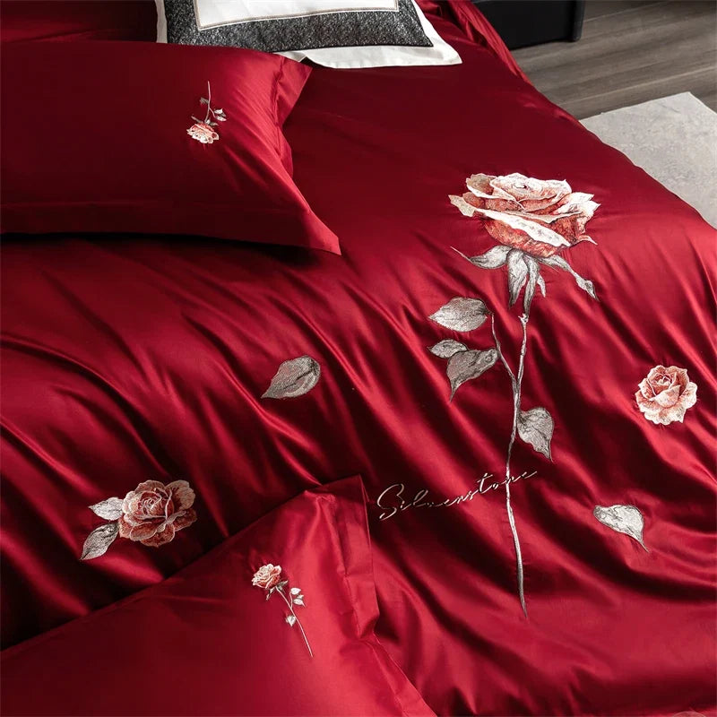 Luxury Rose Flowers Embroidery 100% Cotton Red Bedding Set