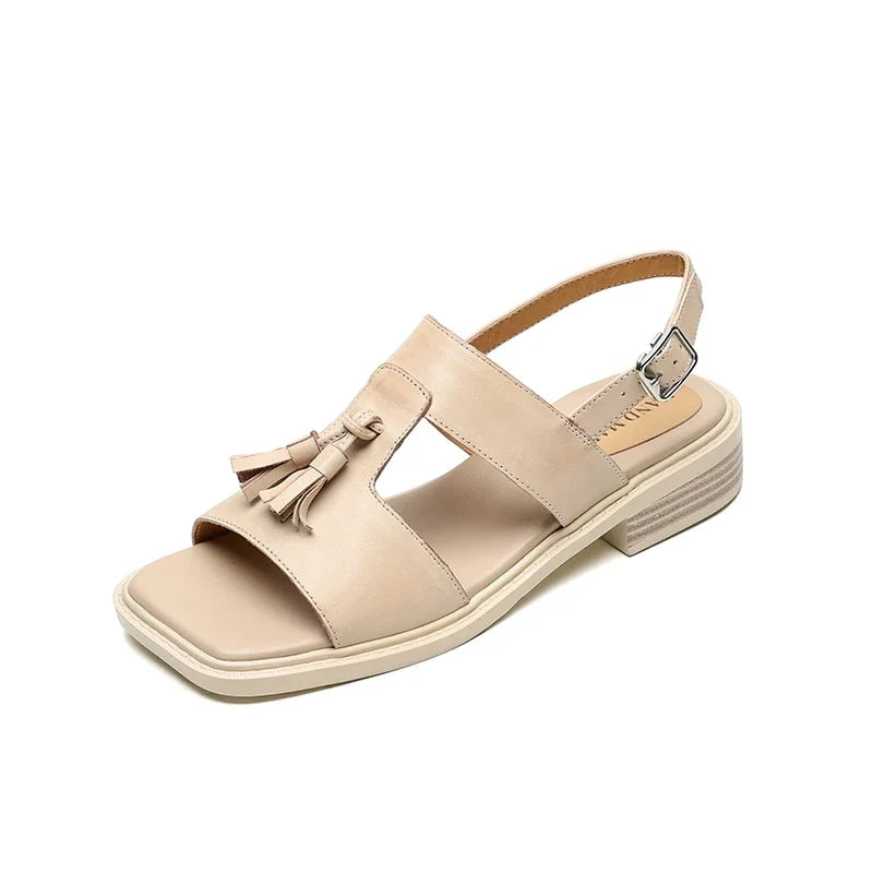 cowhide mid heeled tassel tightly fastened open toed fish mouth Shoes