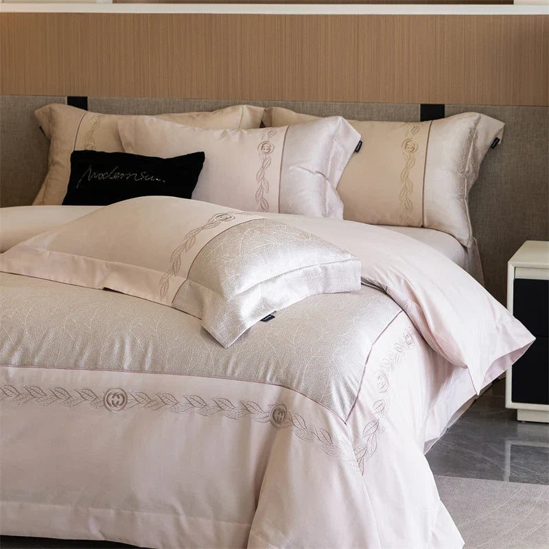 1000TC Egyptian Cotton Brushed Jacquard Embroidery Luxury Solid Color Bedding Set