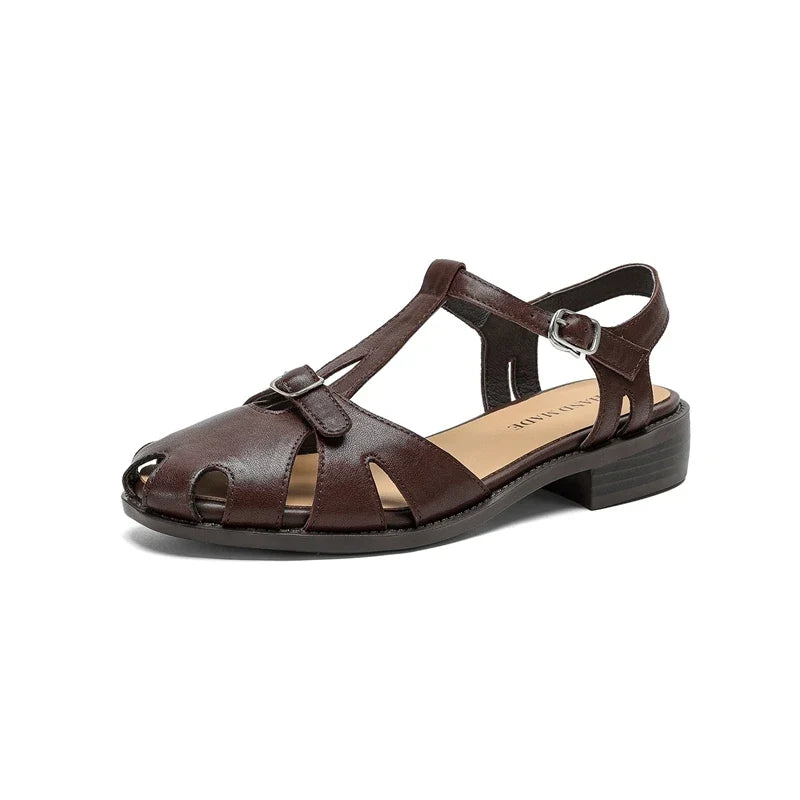 Leather Cowhide Round Toe Elastic Buckle