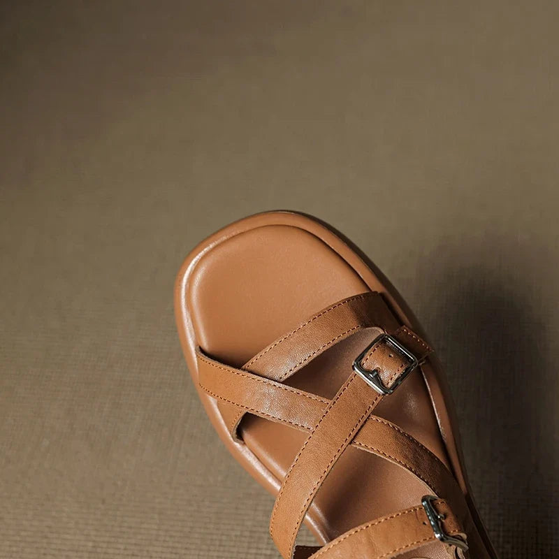 leather cowhide loose grip midsole thick sole retro open toed fish mouth Shoes