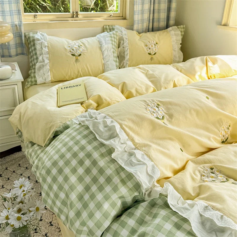 Korean Princess Style Double Layer Lace Flower Embroidery 100% Cotton Bedding Set