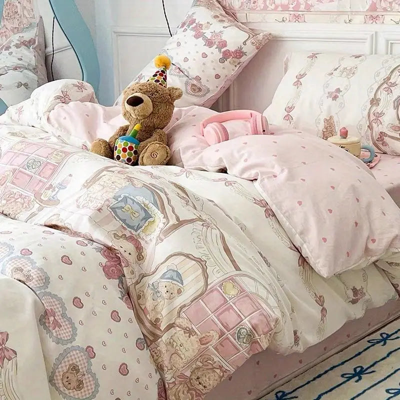 Cute Cat Duvet Cover Set with Zipper Flat Bed Sheet Pillowcases No Filler Twin Queen Size Girls Boys Gift Cartoon Bedding Set