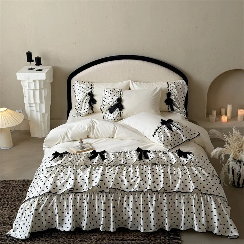 Three-layer Polka Dot Ruffles Bow Bedding Set