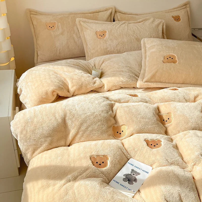 Cartoon Embroidered Plush 4pcs Bedding Set