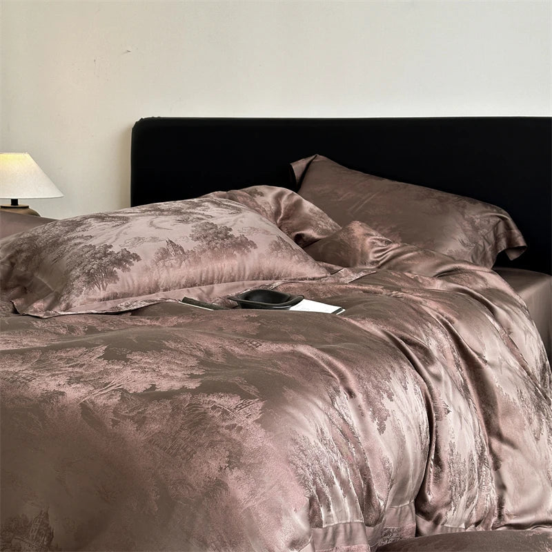 Luxury Lyocell Cotton Jacquard Bedding Set, Scenic Pattern Duvet Cover Set with Pillowcases, Soft Bed Sheet/Fitted Sheet, 4Pcs