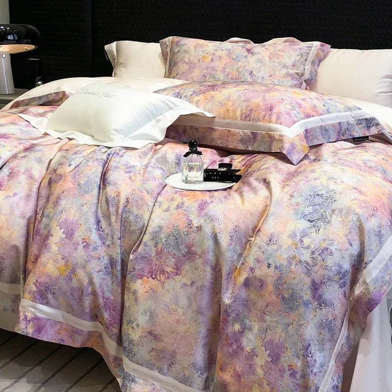 Flowers Digital Printing Wide Edge 1000TC Lyocell Cotton Soft Silky Bedding Set