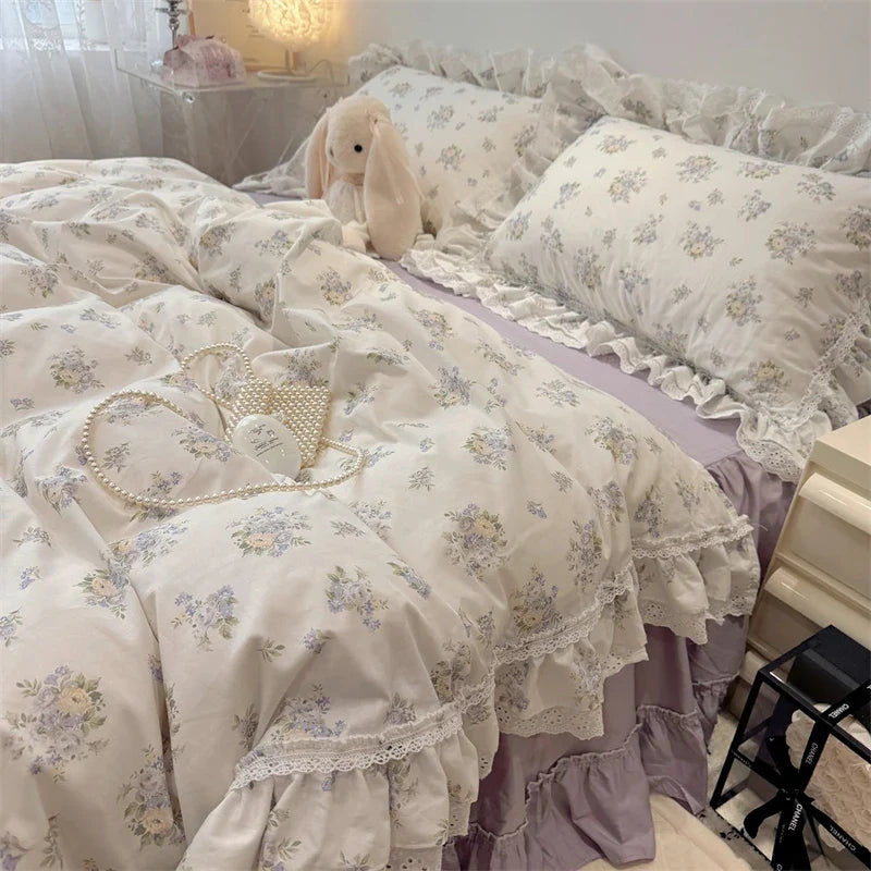 3/4Pcs Korean Princess Style Floral Lace Ruffle 100% Cotton Bedding Set