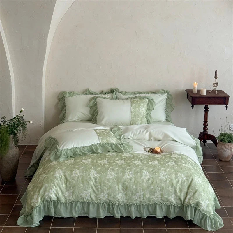 Romantic Flowers Lace Ruffles Princess Bedding Set