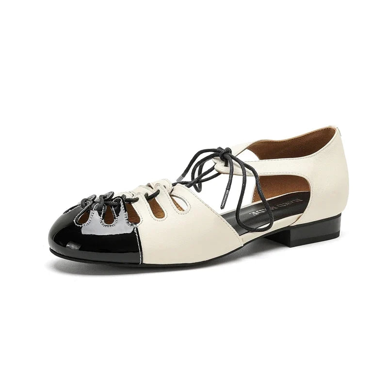 leather cowhide lace up low Heel