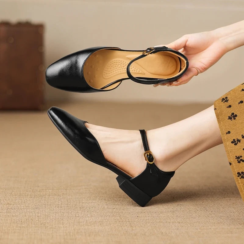 cowhide round toe low Heel