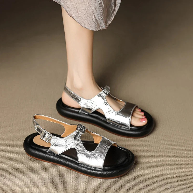 Leather Cowhide Retro Thick-Soled Elastic Buckle Middle Heel