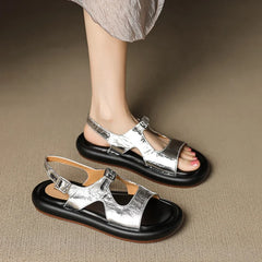 Leather Cowhide Retro Thick-Soled Elastic Buckle Middle Heel