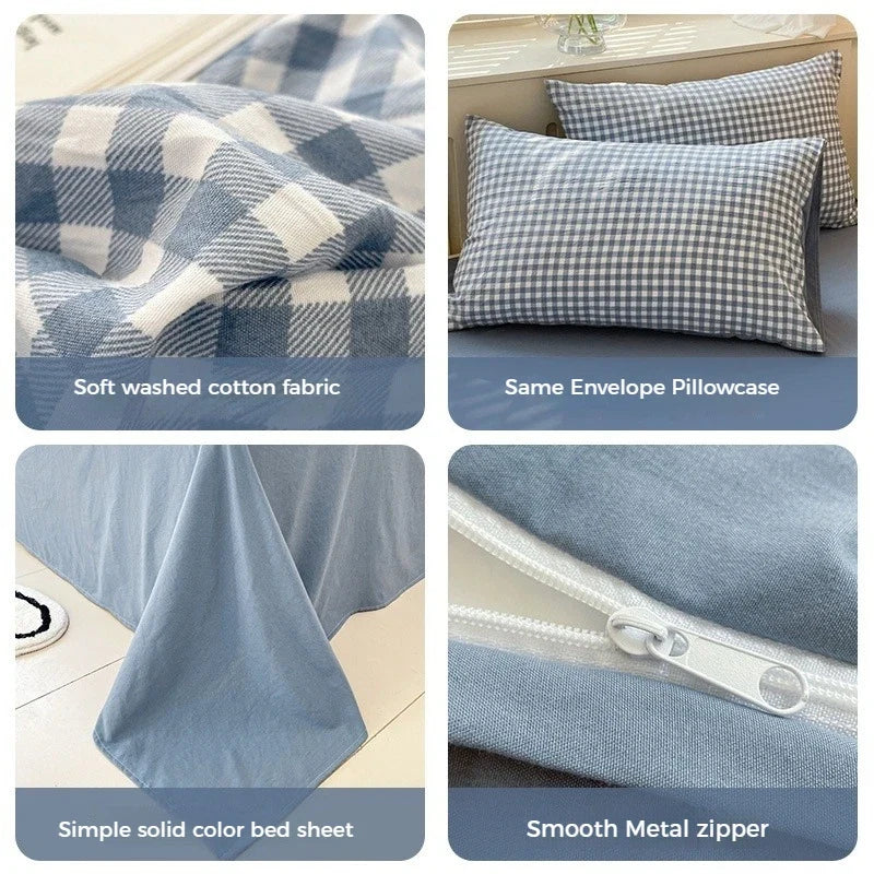 3/4 Pcs Blue Checkered Bedding Set
