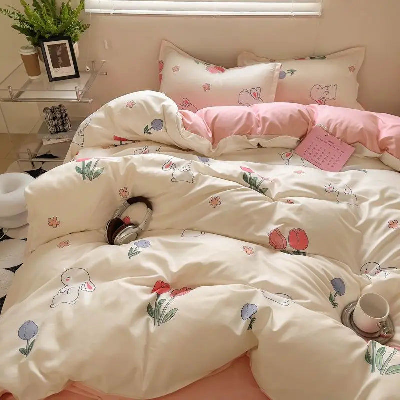 Red Cherry Duvet Cover Set No Filler Ins Style Korean Full Queen Size Girls Boys Flat Sheet Pillowcase Bedspread Set