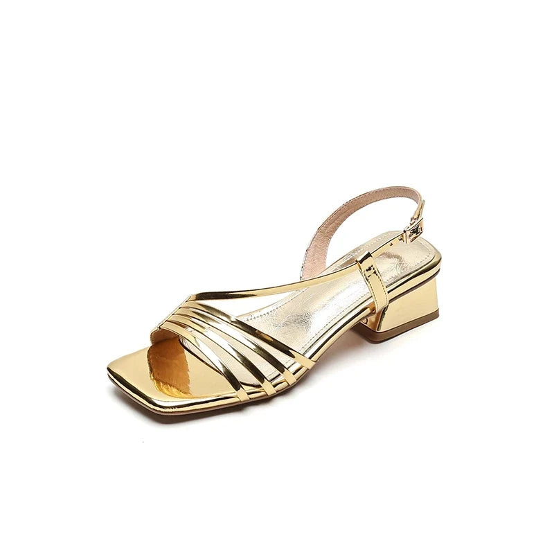 Leather Cowhide Square Toe Elastic Hollow Breathable Mid Heel