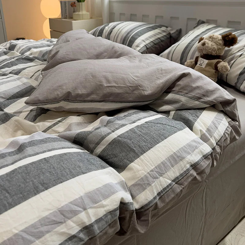 Simple Style Stripe Duvet Cover Set Bed Sheet Set Washed Cotton Bedding Set