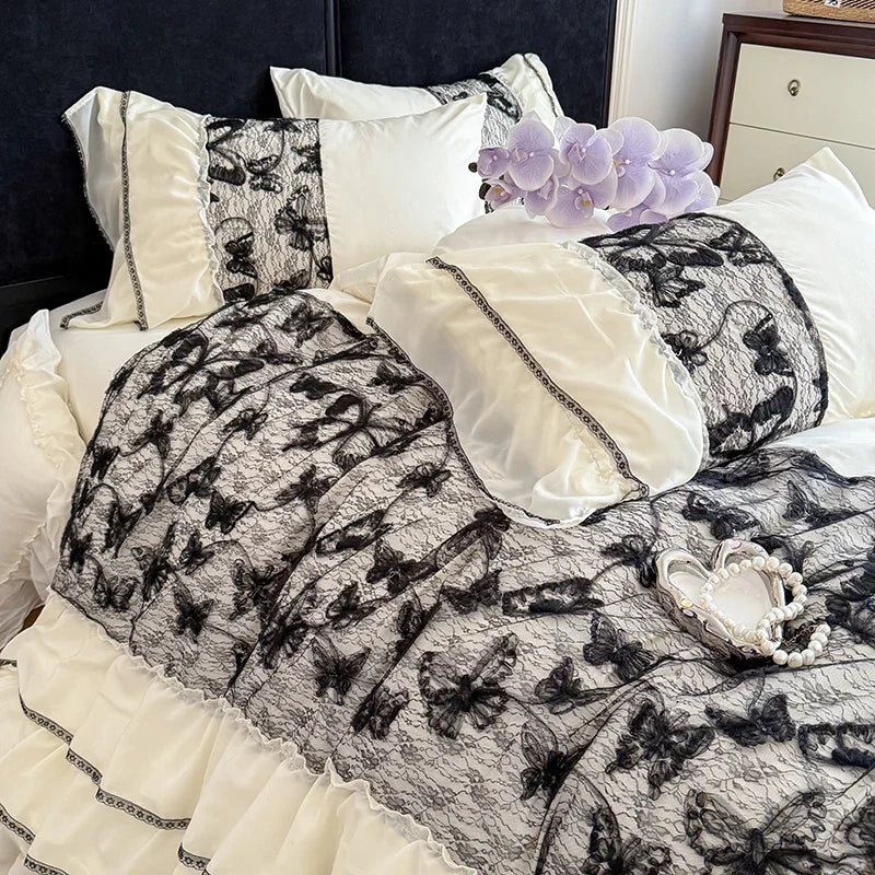 4Pcs French Vintage Princess Style Embroidered Chiffon Lace Ruffle Luxury Bedding Set
