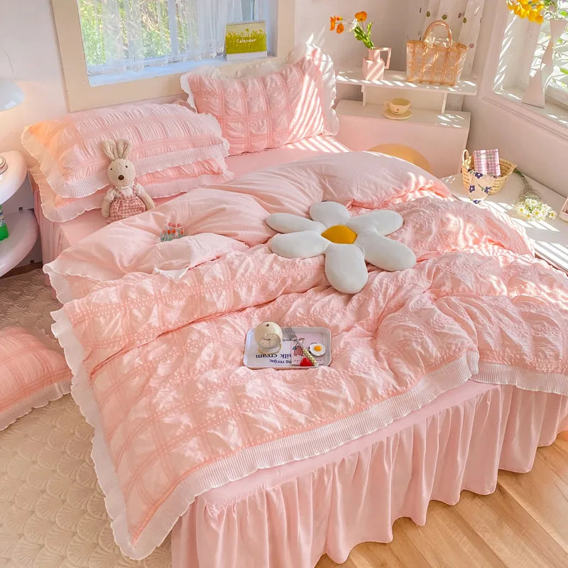 Korean Seersucker Duvet Cover Set with Pillowcases Flat Sheet Adults Kids Twin Full Queen Size Bedding Set