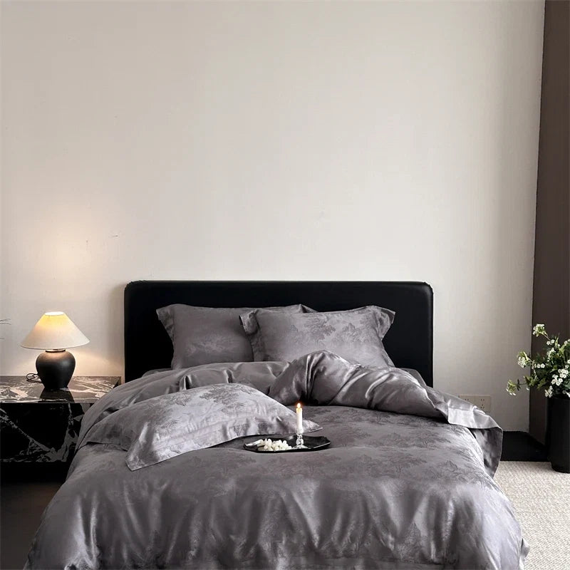 Luxury Lyocell Cotton Jacquard Bedding Set, Scenic Pattern Duvet Cover Set with Pillowcases, Soft Bed Sheet/Fitted Sheet, 4Pcs