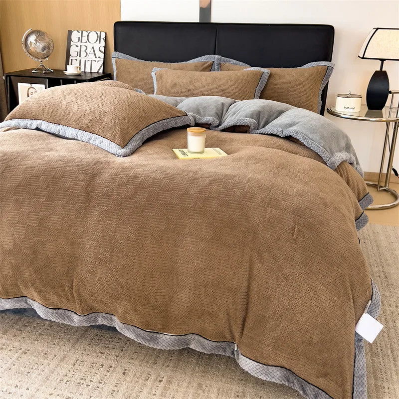 Winter Coral Velvet Duvet Cover Set with Bed Sheets and Pillowcase Warm Keep Skin Friendly Bedding Four Piece Set Quilt Cover