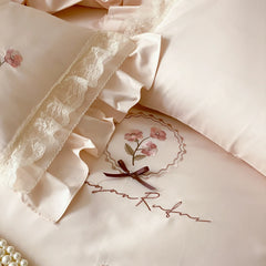 Pink Flowers Embroidery Lace Ruffles Bedding Set