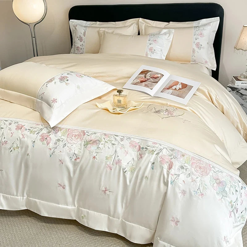 100% Cotton Chic Flowers Embroidery Luxury Double Queen King Size Bedding Set
