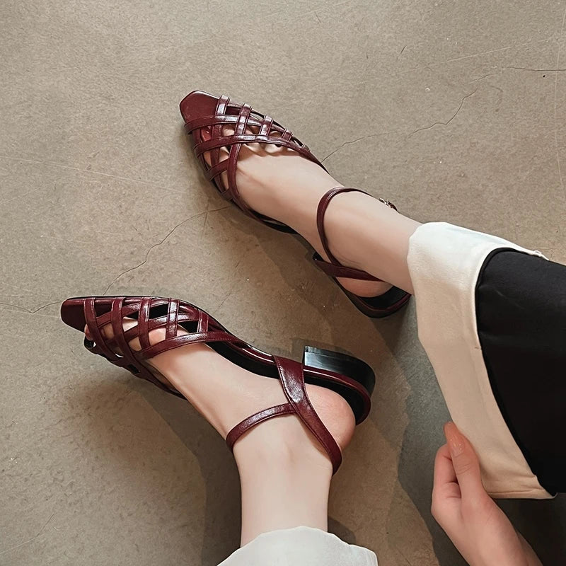 Cowhide Fish Mouth Square Head Hollow Weave Elastic Buckle Strap Retro Low Heel