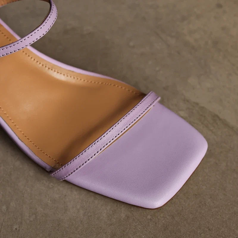 leather cowhide square toe simple elastic buckle middle Heel