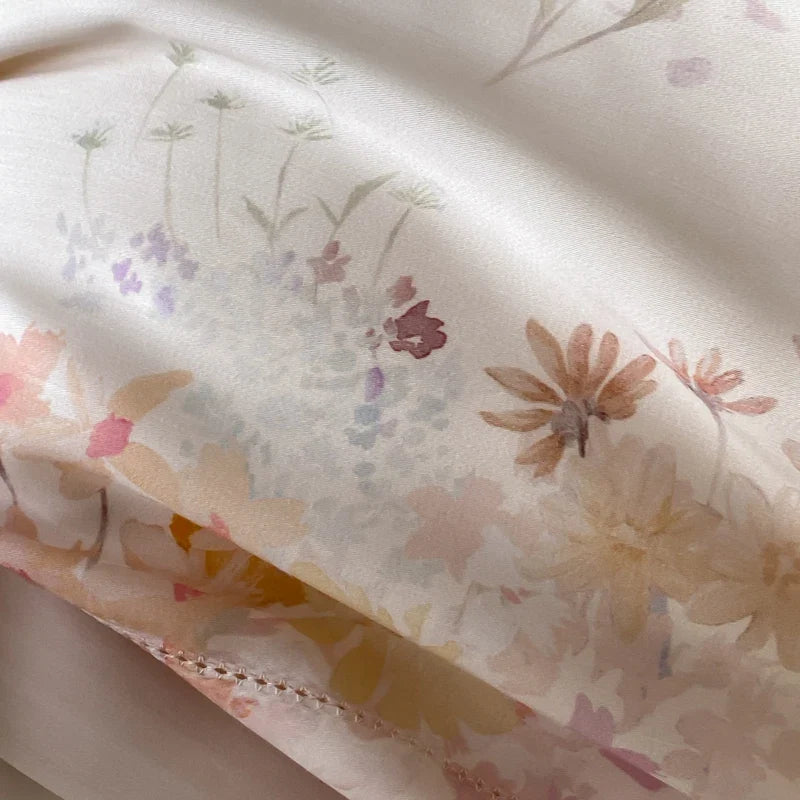 Luxury Lyocell Soft Silky Cooling Bedding Set, Watercolor Floral Print Duvet Cover Set, Bed Sheet/Fitted Sheet, Pillowcase, 4Pcs