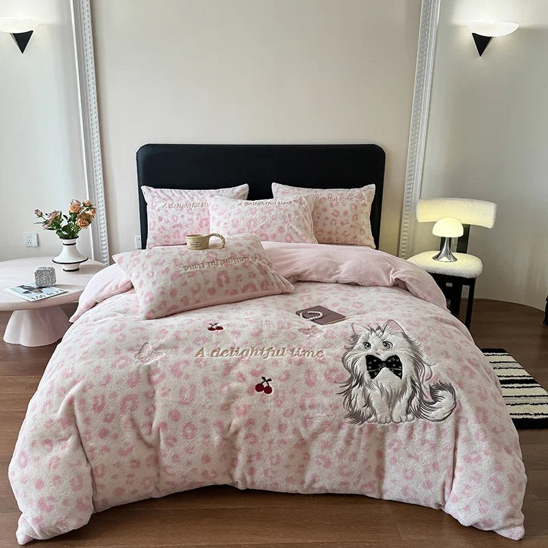 Pink Leopard Print Cute Cat Embroidery Velvet Warm Winter Bedding Set