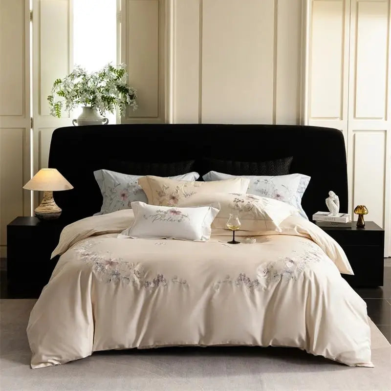 1000TC Egyptian Cotton Elegant Flowers Embroidery Luxury Bedding Set