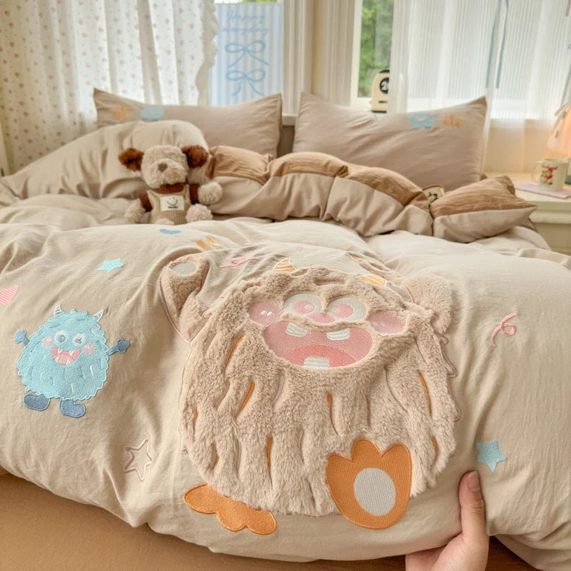 Cute Pink Cartoon Cat Bow Towel Embroidery Girls Kids Bedding Set
