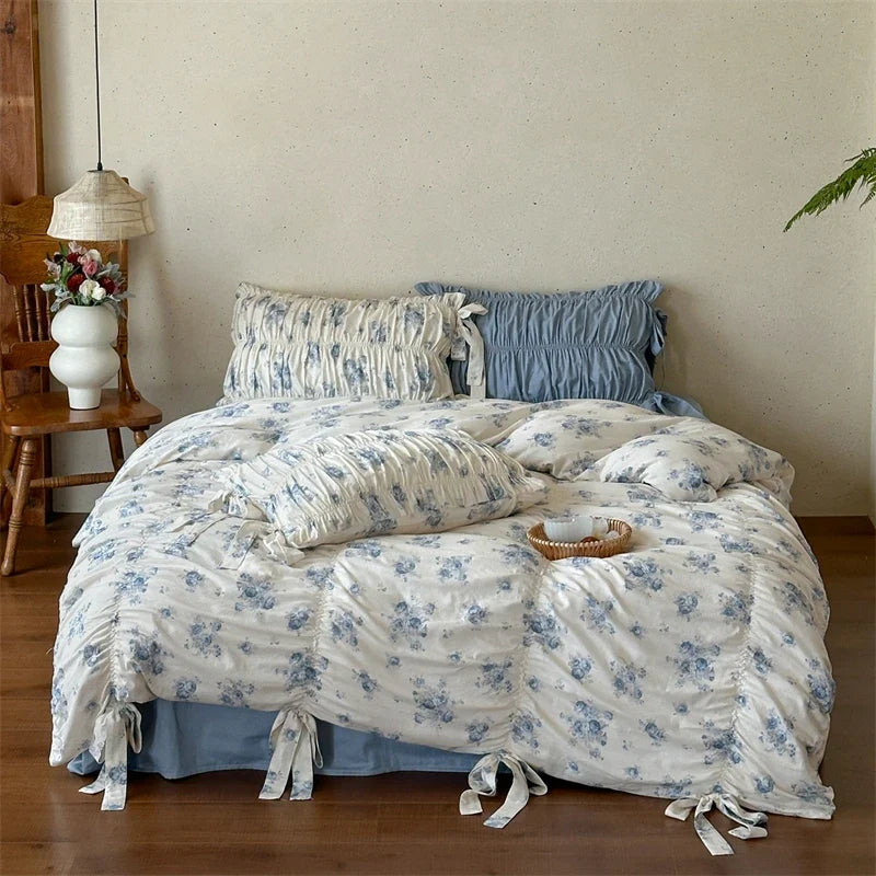 French Country Vintage Floral 100% Cotton Bedding Set, Ruched Bow Tie Duvet Cover, Shabby Chic Ruffle Bed Linen with Pillowcases