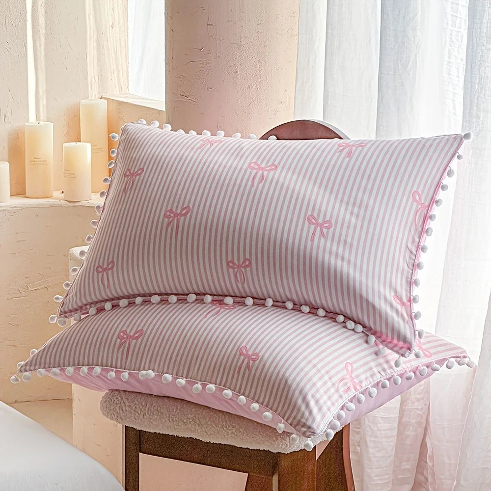 Cute Pink Bow Print Duvet Cover Set Soft Skin-friendly Striped Quilt Cover Pom Pom Queen King Size Bedding Set
