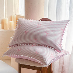 Cute Pink Bow Print Duvet Cover Set Soft Skin-friendly Striped Quilt Cover Pom Pom Queen King Size Bedding Set