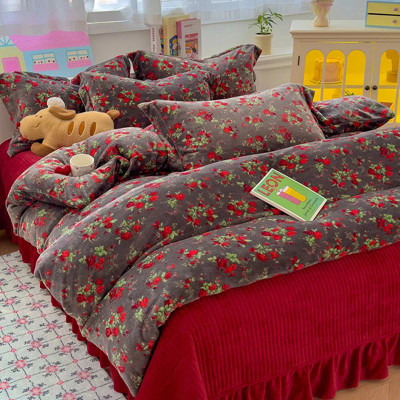 Winter Velvet Quilt Duvet Cover Suit Soft Plush Comforter Cover Queen King Bedding Set