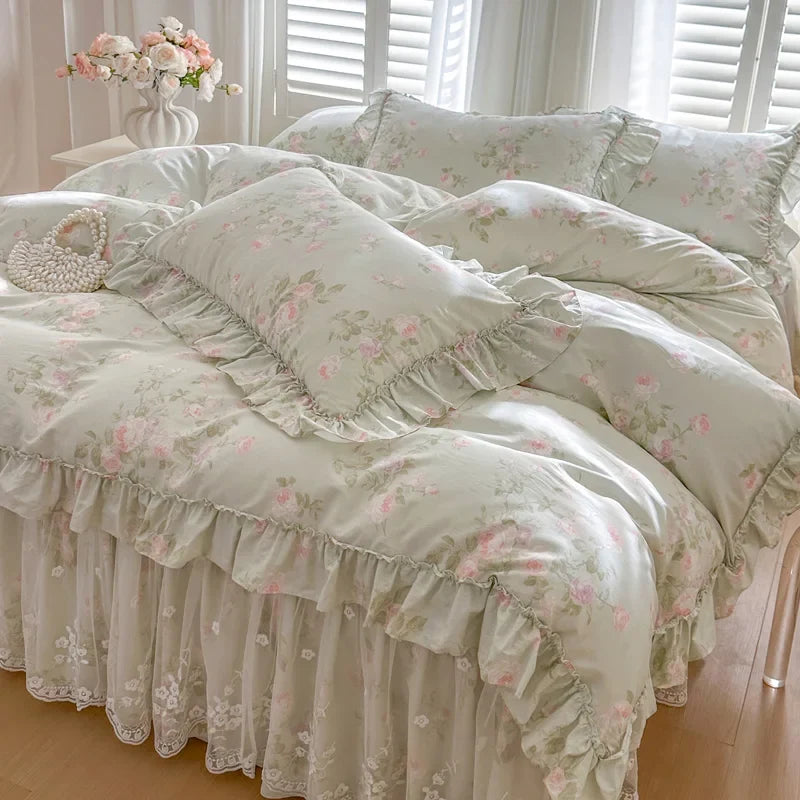 100% Cotton Flowers Print Lace Ruffles Princess 4/6Pcs Bedding Set