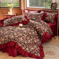100% Cotton Vintage Rose Print Ruffles Bedding Set