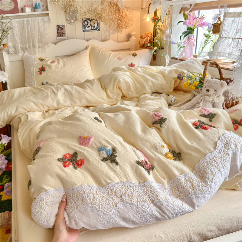 3/4Pcs Korean Princess Style Floral Embroidered Towel Bedding Set