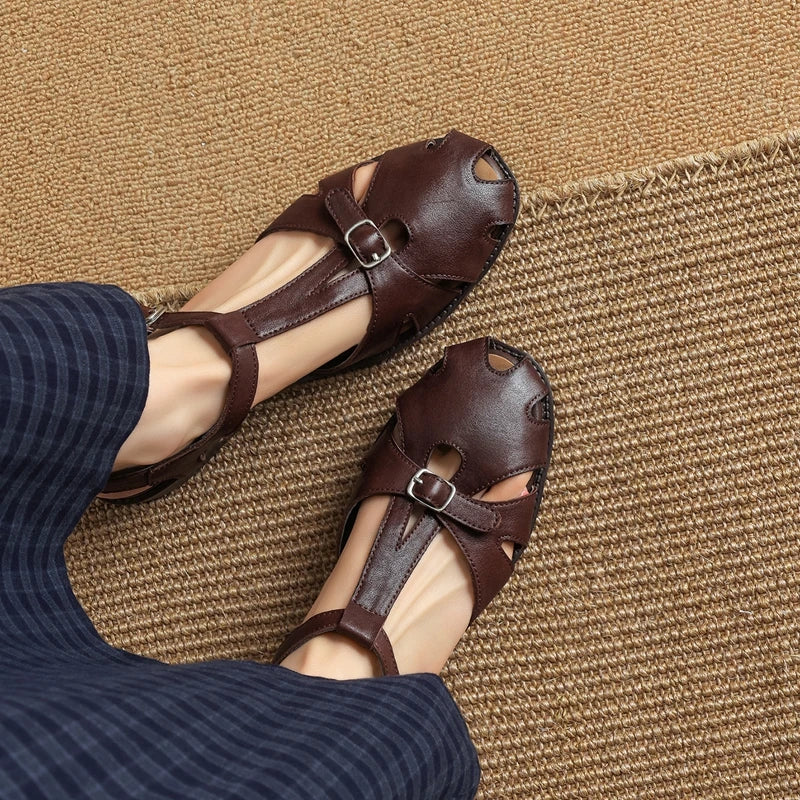 Leather Cowhide Round Toe Elastic Buckle