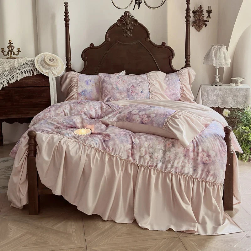 Flowers Print Large Ruffles Princess Bedding Set