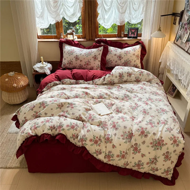 3/4Pcs Korean Princess Style Floral Printing Bedding Set