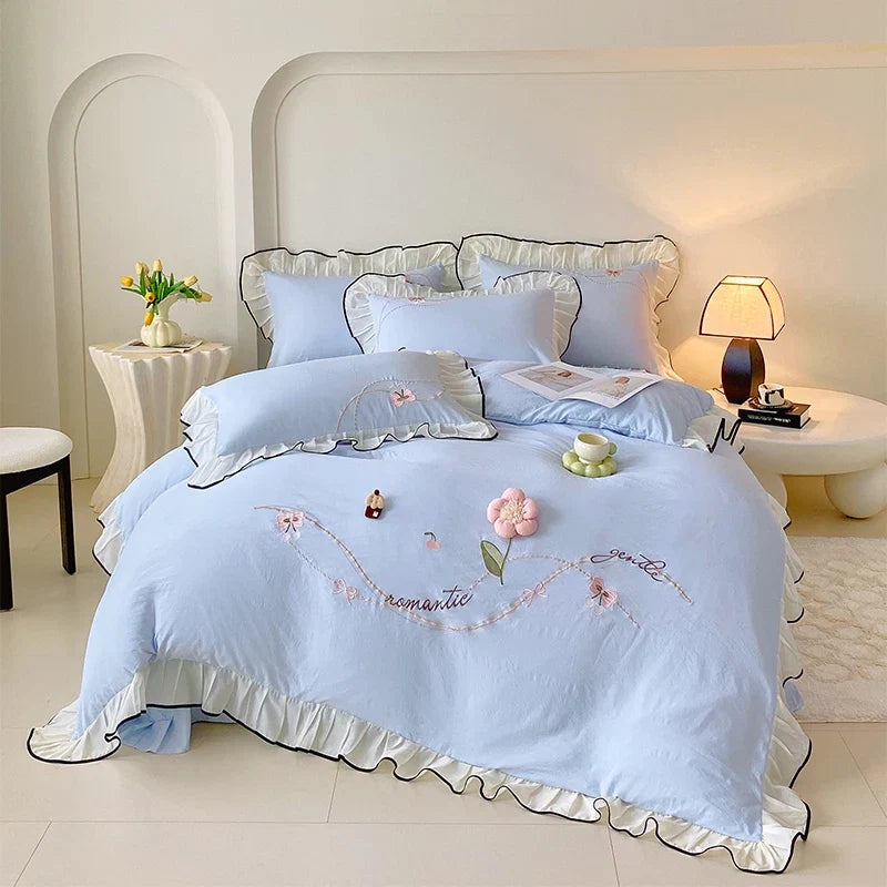 3/4Pcs Korean Princess Style Washed Cotton Three-Dimensional Flower Embroidery Lace Pink Beddings Sets Full Ruffle Duvet Cover