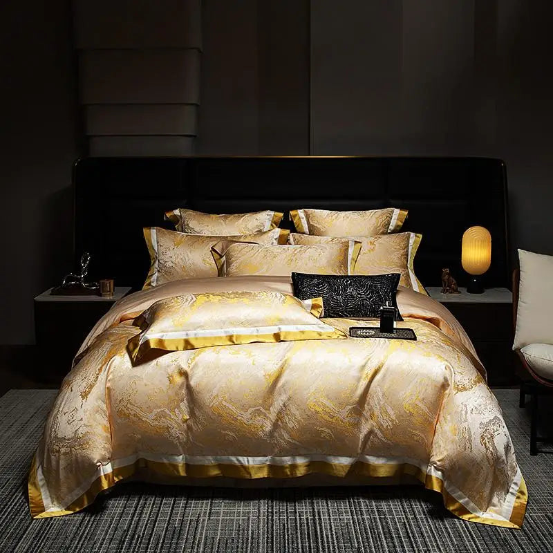 1000TC Cotton Luxury Black Gold Satin Jacquard Bedding Set