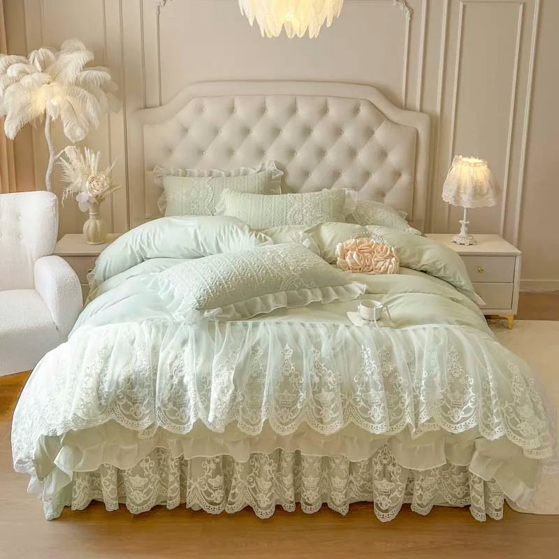 4/6Pcs Pink Princess Wedding Lace Embroidery Korean Style Bedding Set