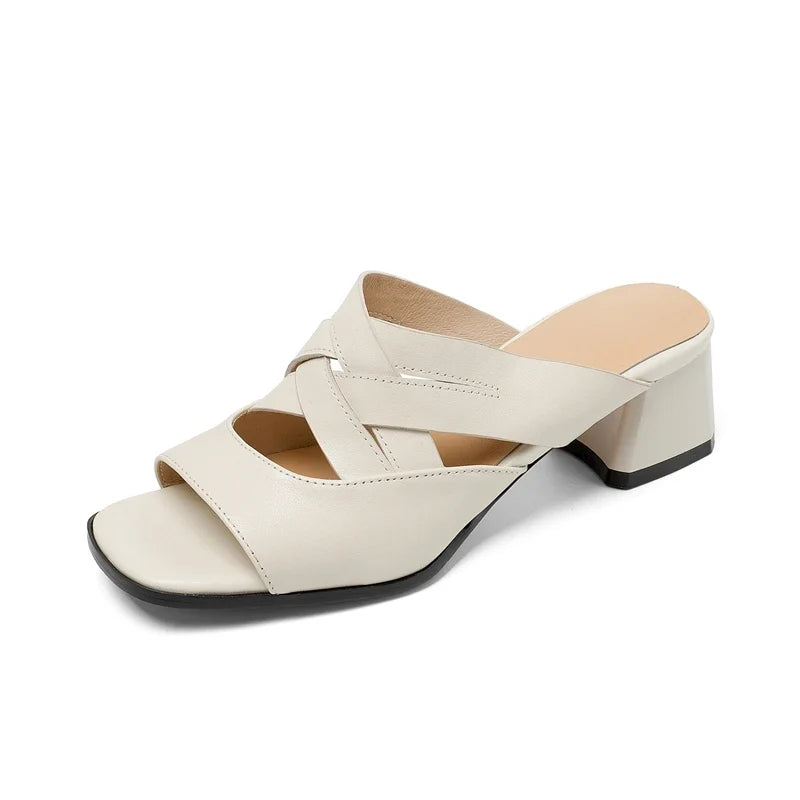 Leather Cowhide Round Head Hollow Breathable Mid Heel